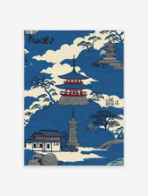 Japanese landscape art print featuring pagodas, traditional buildings, pine trees, and clouds in blue and white.