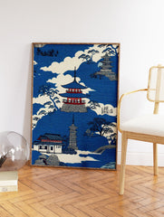 Japanese landscape art print featuring pagodas, traditional buildings, pine trees, and clouds in blue and white. - Image 2