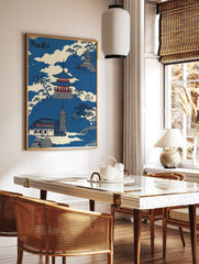 Japanese landscape art print featuring pagodas, traditional buildings, pine trees, and clouds in blue and white. - Image 3