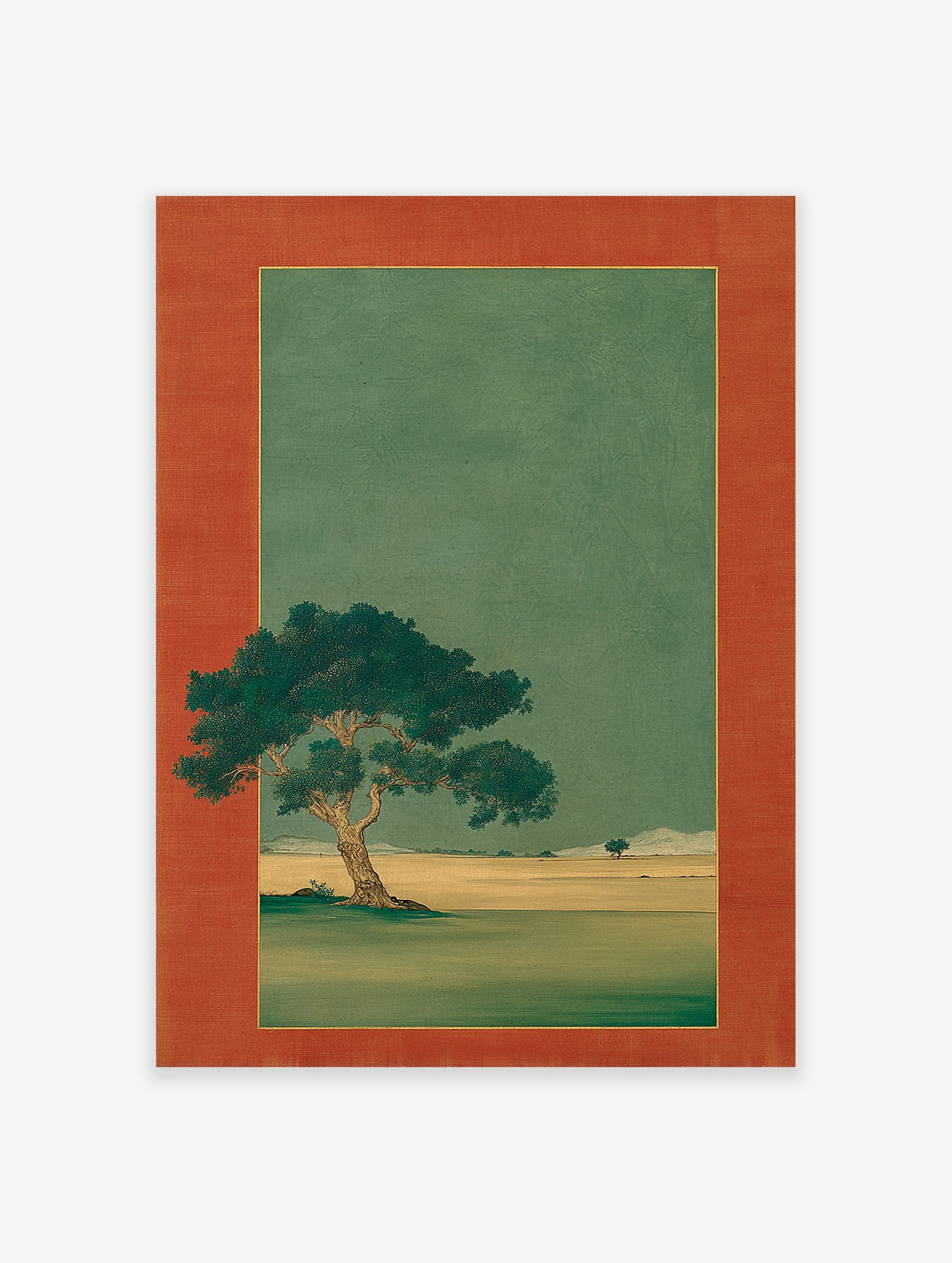 Traditional Japanese landscape art print with a large green tree in the foreground and smaller tree in the distance, framed.