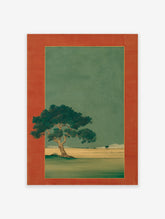 Traditional Japanese landscape art print with a large green tree in the foreground and smaller tree in the distance, framed.