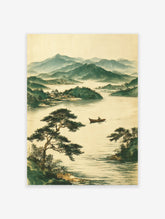 Traditional Japanese landscape art print with misty mountains, a serene lake, a boatman, and pine trees.