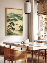 Traditional Japanese landscape art print with misty mountains, a serene lake, a boatman, and pine trees. - Image 2
