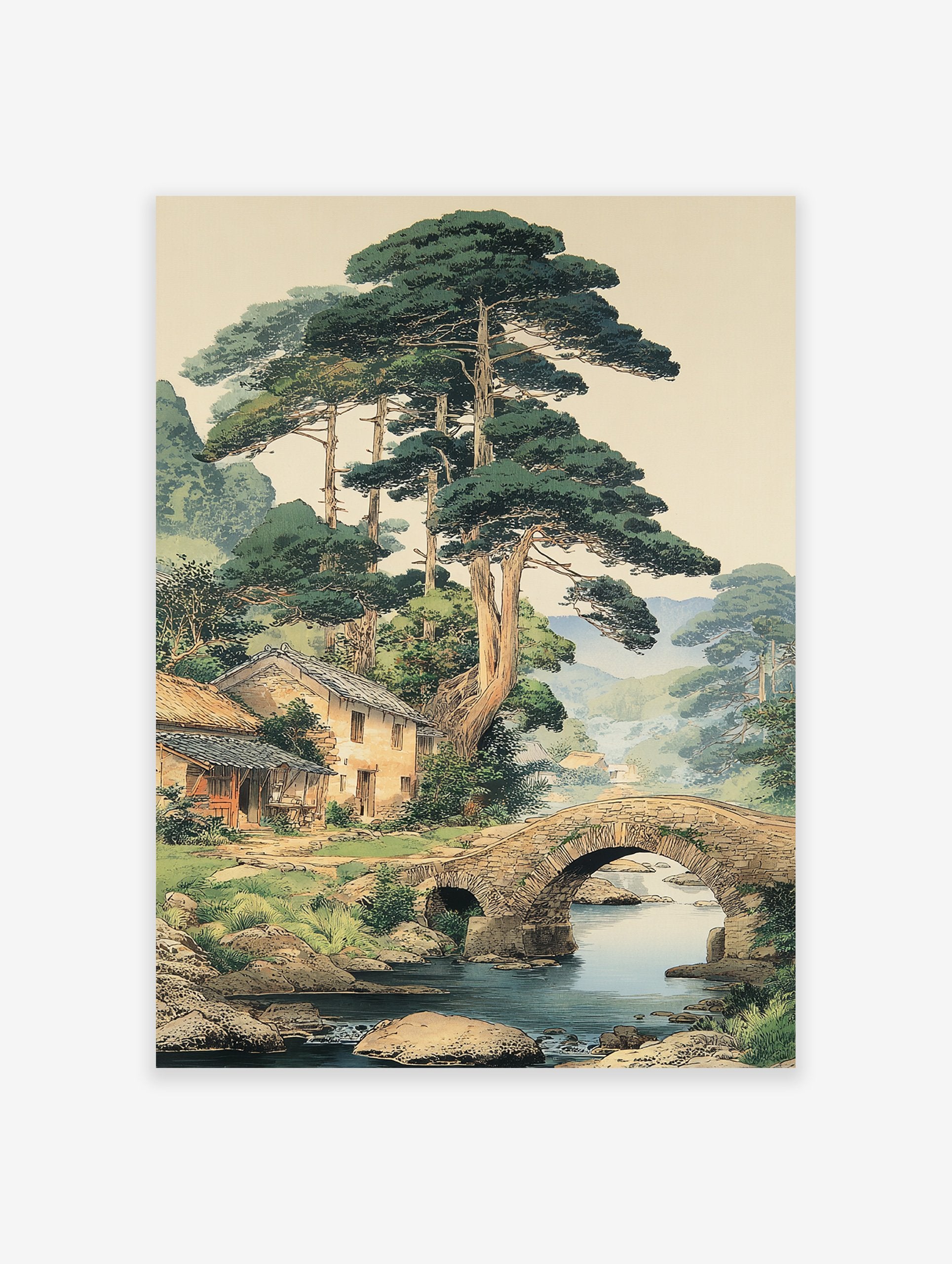 Traditional Japanese landscape art print showing a village with houses, pine trees, stone bridge over a river, and mountains.