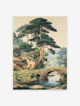 Traditional Japanese landscape art print showing a village with houses, pine trees, stone bridge over a river, and mountains.