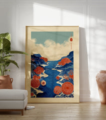 Stylized blue river landscape with red coral and blue mountains art print, inspired by Japanese illustration style. - Image 3