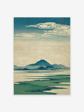 Japanese landscape art print with blue-green mountains, water, and stylized clouds in a serene setting.