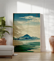 Japanese landscape art print with blue-green mountains, water, and stylized clouds in a serene setting. - Image 3