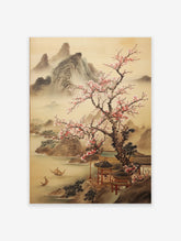 Japanese Landscape Poster depicting misty mountains, a cherry blossom tree, traditional buildings, and boats on water.