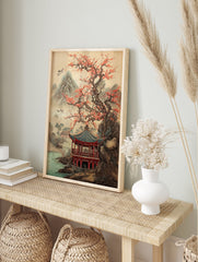 Japanese landscape poster featuring a red pagoda, a large cherry blossom tree, misty mountains, and birds flying over a lake. - Image 4