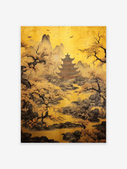 Japanese Landscape Poster featuring a golden pagoda, mountains, trees with yellow foliage, and birds in a golden sky.