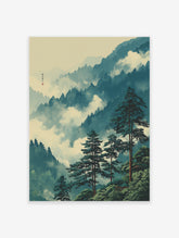 Japanese landscape poster featuring misty mountain forest with pine trees and a traditional building.