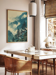 Japanese landscape poster featuring misty mountain forest with pine trees and a traditional building. - Image 2