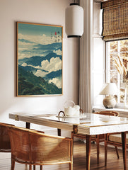 Japanese landscape poster showing misty blue mountains, white clouds, and green pine trees in traditional East Asian art style. - Image 2