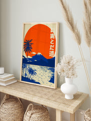 Japanese Landscape Poster featuring Mount Fuji, palm trees, and a large orange sunset reflected in blue water with Japanese text. - Image 4