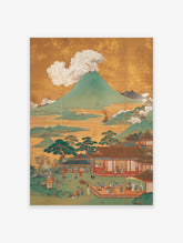 Japanese landscape poster showing Mount Fuji volcano, traditional buildings, and many people on a gold background.