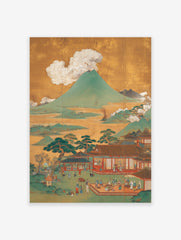 Japanese landscape poster showing Mount Fuji volcano, traditional buildings, and many people on a gold background.