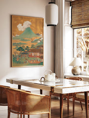 Japanese landscape poster showing Mount Fuji volcano, traditional buildings, and many people on a gold background. - Image 2