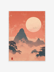 Japanese Landscape Poster with orange sky, large moon, dark mountains, traditional pagodas, and trees in mist.