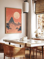 Japanese Landscape Poster with orange sky, large moon, dark mountains, traditional pagodas, and trees in mist. - Image 2