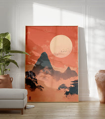 Japanese Landscape Poster with orange sky, large moon, dark mountains, traditional pagodas, and trees in mist. - Image 3