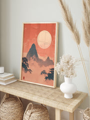 Japanese Landscape Poster with orange sky, large moon, dark mountains, traditional pagodas, and trees in mist. - Image 4