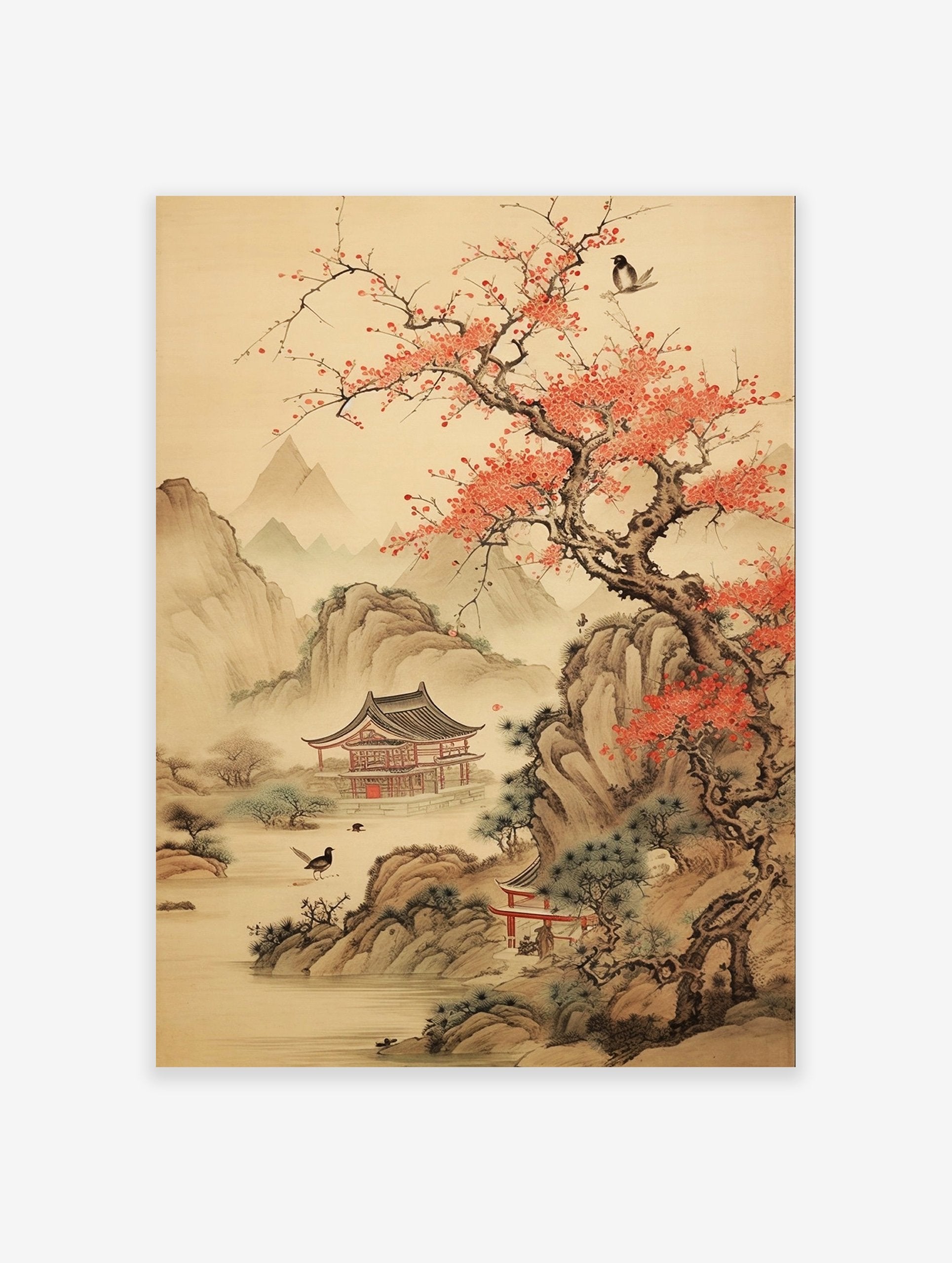 Japanese landscape poster with a red blossom tree, traditional temple, mountains, and birds by water in Asian art style.