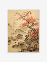 Japanese landscape poster with a red blossom tree, traditional temple, mountains, and birds by water in Asian art style.