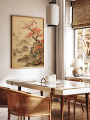 Japanese landscape poster with a red blossom tree, traditional temple, mountains, and birds by water in Asian art style. - Image 2