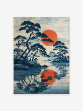 Japanese landscape poster with dark blue pine trees, a large red sun, and its reflection on calm blue water.