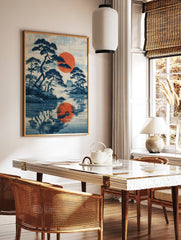 Japanese landscape poster with dark blue pine trees, a large red sun, and its reflection on calm blue water. - Image 2