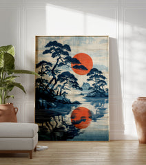 Japanese landscape poster with dark blue pine trees, a large red sun, and its reflection on calm blue water. - Image 3