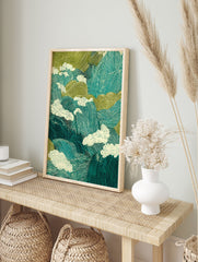 Japanese landscape poster depicting stylized teal and green mountains with swirling cream clouds. - Image 4