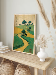 Traditional Japanese landscape woodblock print with green hills, golden fields, winding path, and dark green trees. - Image 3