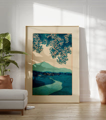 Japanese landscape woodblock print with teal river, mountains, and pink cherry blossoms on a light background. - Image 3