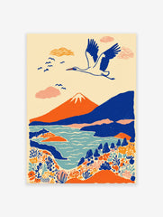 Japanese landscape wall art print with a white crane flying over an orange mountain, blue lake, and colorful plants.