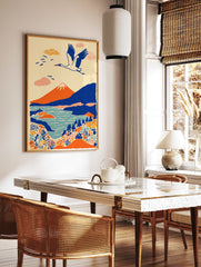 Japanese landscape wall art print with a white crane flying over an orange mountain, blue lake, and colorful plants. - Image 2