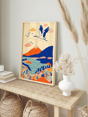 Japanese landscape wall art print with a white crane flying over an orange mountain, blue lake, and colorful plants. - Image 3