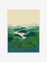 Japanese Landscape Art Print with green mountains, blue water, and a light sky, featuring detailed line work and subtle orange accents.