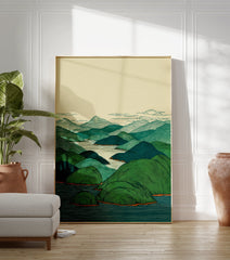 Japanese Landscape Art Print with green mountains, blue water, and a light sky, featuring detailed line work and subtle orange accents. - Image 3