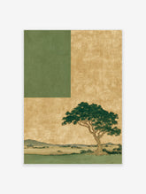 Japanese landscape wall art featuring a green tree on a textured gold background, with green foreground and distant mountains.