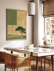 Japanese landscape wall art featuring a green tree on a textured gold background, with green foreground and distant mountains. - Image 2