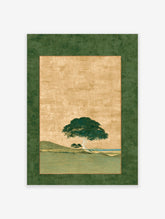 Japanese Landscape Wall Art featuring a green tree on a gold background with a textured green border and hills.