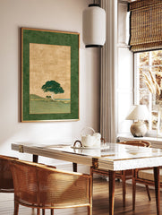 Japanese Landscape Wall Art featuring a green tree on a gold background with a textured green border and hills. - Image 2