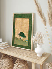 Japanese Landscape Wall Art featuring a green tree on a gold background with a textured green border and hills. - Image 3