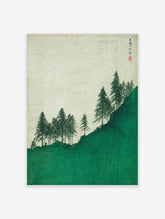 Japanese landscape wall art print featuring green pine trees on a vibrant green hill with a light textured sky and calligraphy.