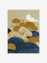 Japanese landscape wall art featuring stylized golden and white fan trees, blue rolling hills, and a white sun on a textured olive green background.