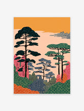Illustrative Japanese landscape wall art with stylized pine trees, colorful hills, and an orange sky.