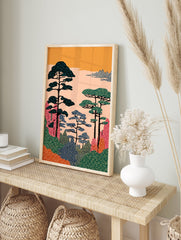 Illustrative Japanese landscape wall art with stylized pine trees, colorful hills, and an orange sky. - Image 3