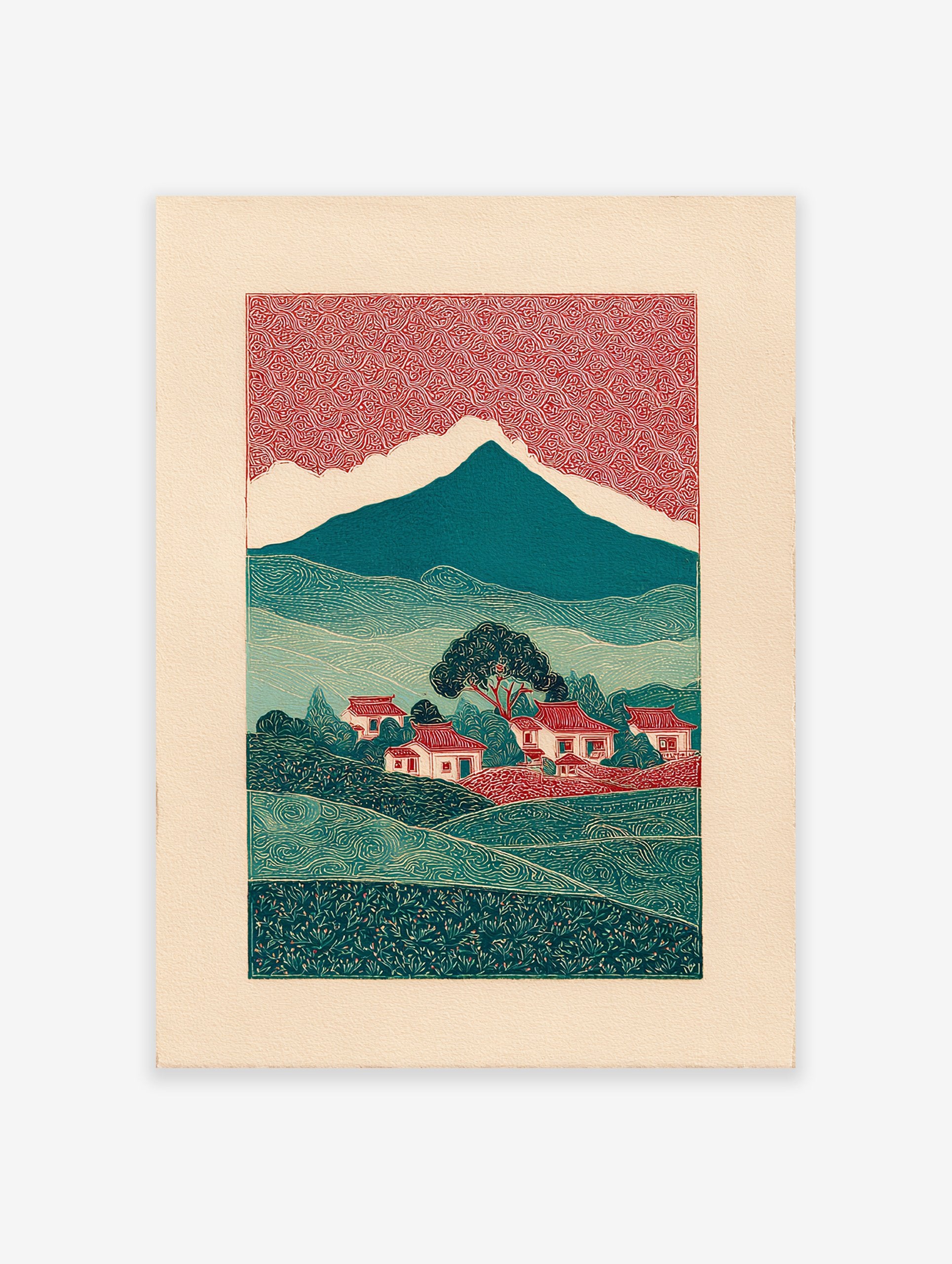Illustrative Japanese landscape wall art print with red patterned sky, teal mountains, green hills, and village houses.